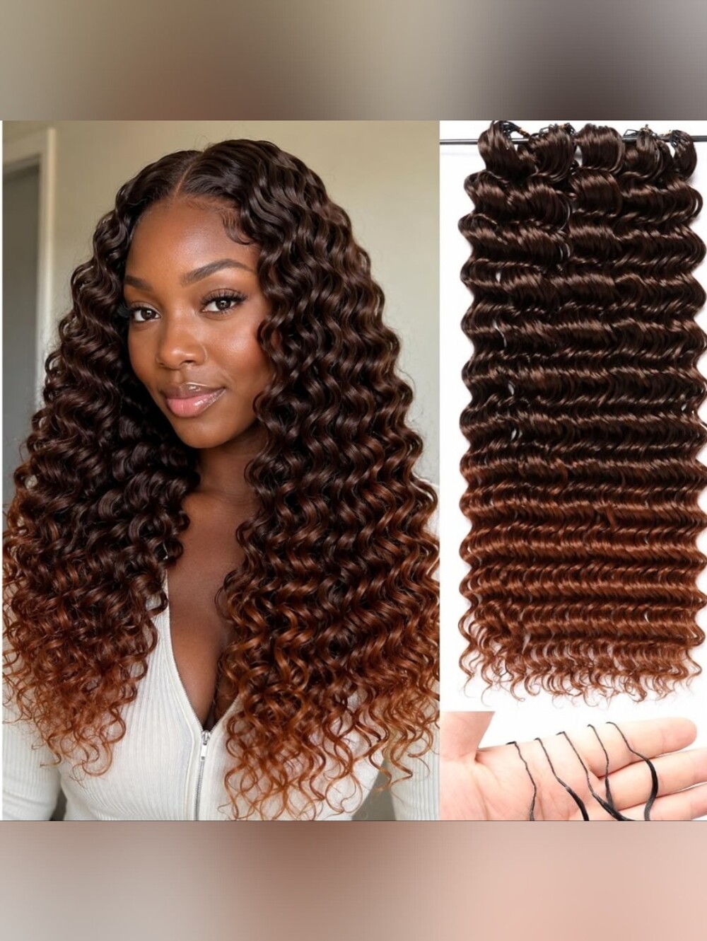 Deep Wave Feather Crochet Hair 16" Ombre Dark Brown 100 Strands 180g Synthetic